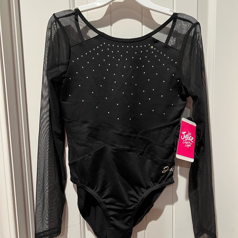 Justice Black Mesh Sleeve girl Bodysuit Sparkle Accents for dance, ballet, gym